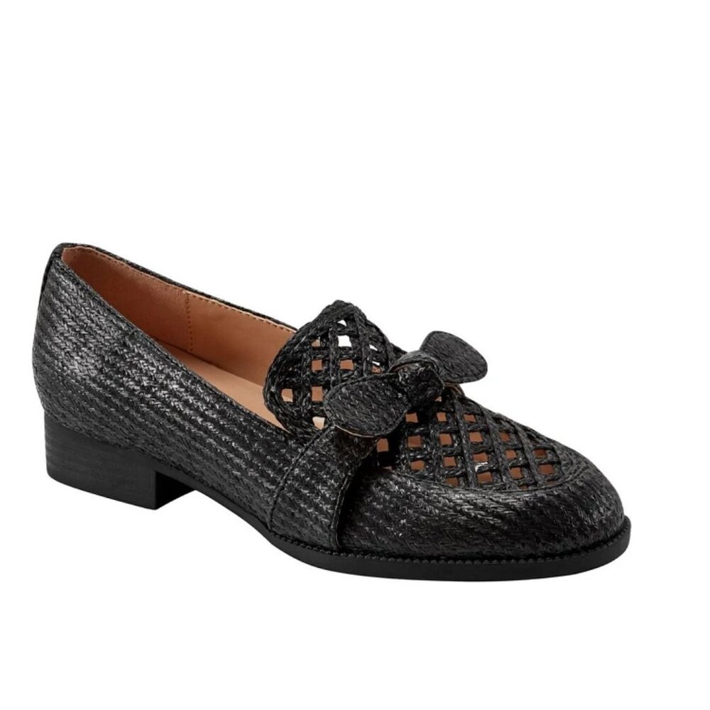 Bandolino Womens Black Raffia Woven Knotted Block Heel w/Bow Loafers Size 8 NWOB